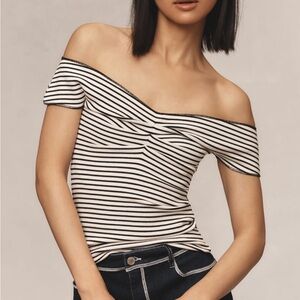 NWOT, Anthropologie - Maeve black and white stripe off the shoulder top, Small